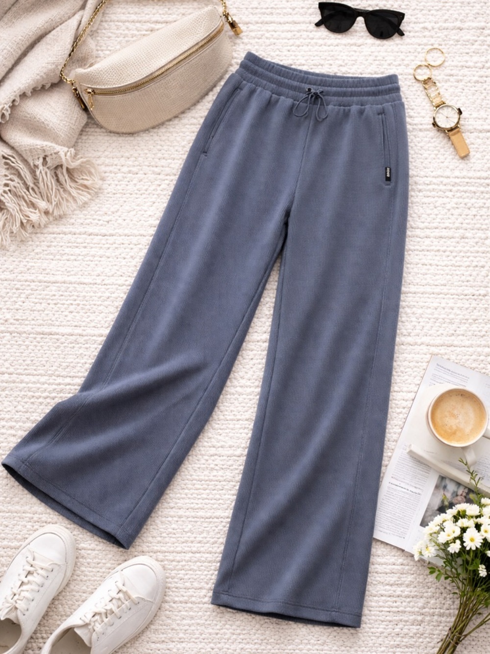 DKNY Sport Gray Ribbed Wide Leg Pants L NWT Athleisure Travel Lounge